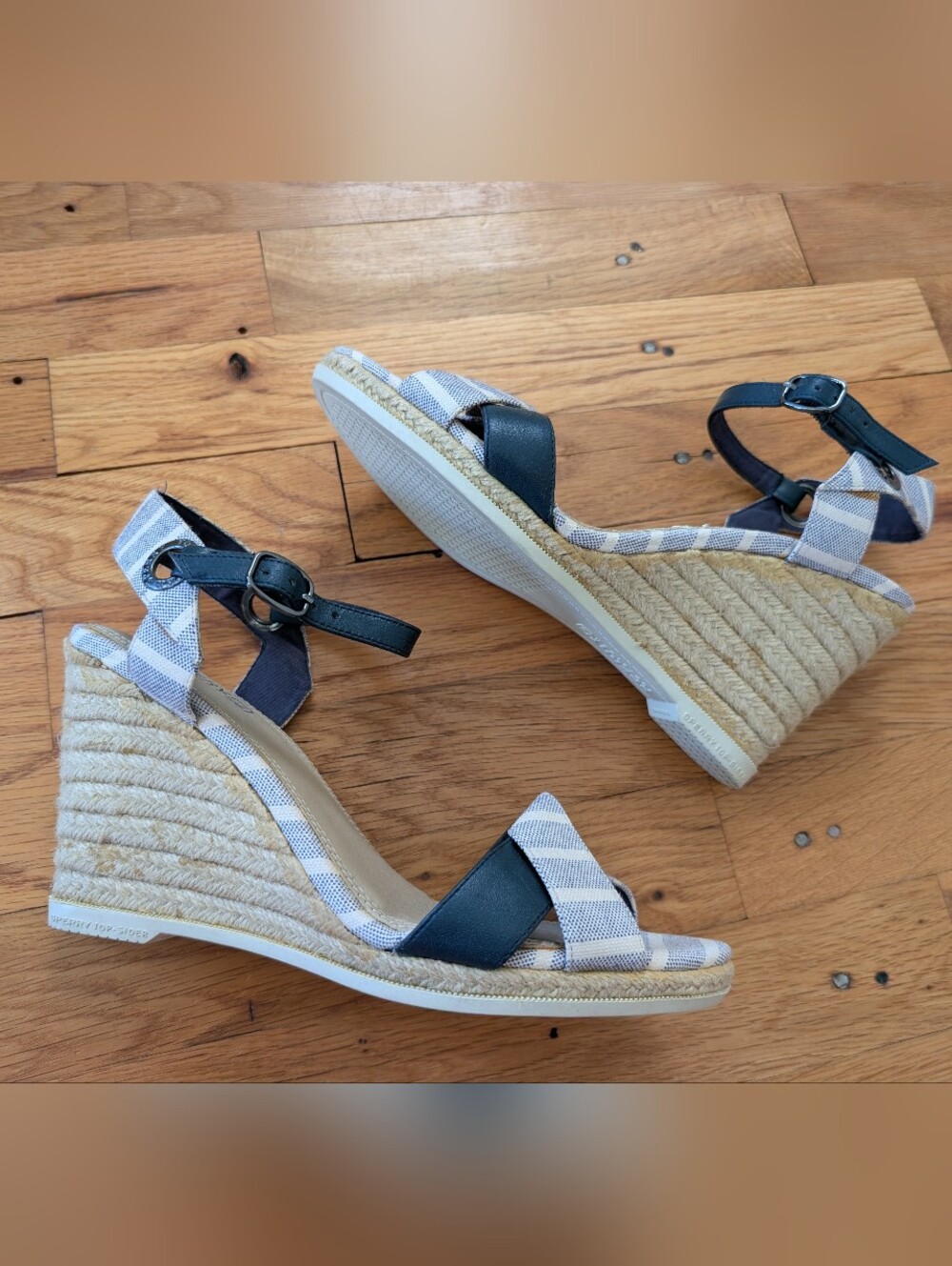 Sperry Valencia Blue & White Striped Canvas Wedge Sandals. - Picture 2 of 7